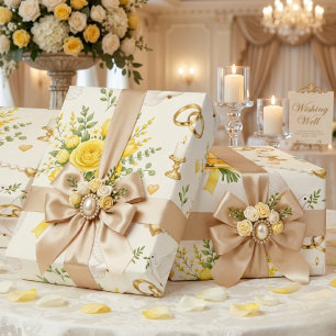 Papel de Presente Floral Amarelo para Casamento e