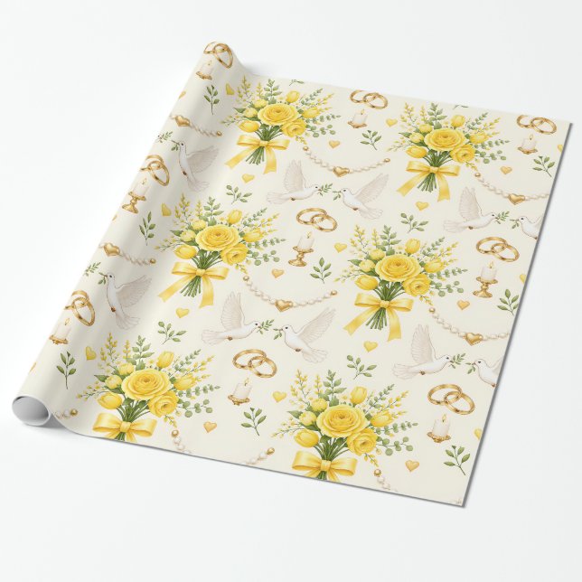 Papel de Presente Floral Amarelo para Casamento e  (Desenrolado)