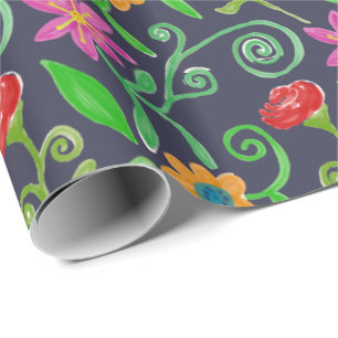 Papel De Presente Floral Aquarela Caprichosa Azul Naval