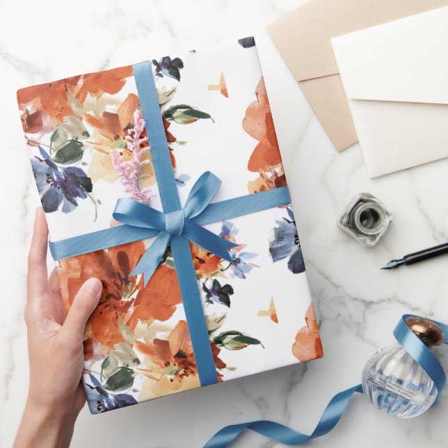 Papel De Presente Floral aquarela laranja e azul  (Presentear)