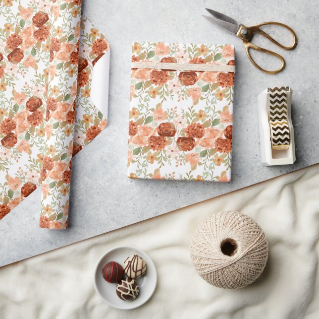 Papel De Presente Floral aquarela laranja outono  (Artesanato)