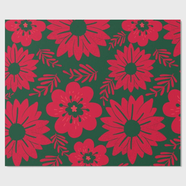 Papel De Presente Floral Aquarela Verde Vermelho  (Aberto)