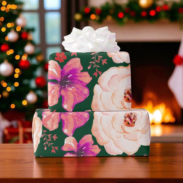 Papel De Presente Floral Aquarela Verde Vermelho (Criador carregado)