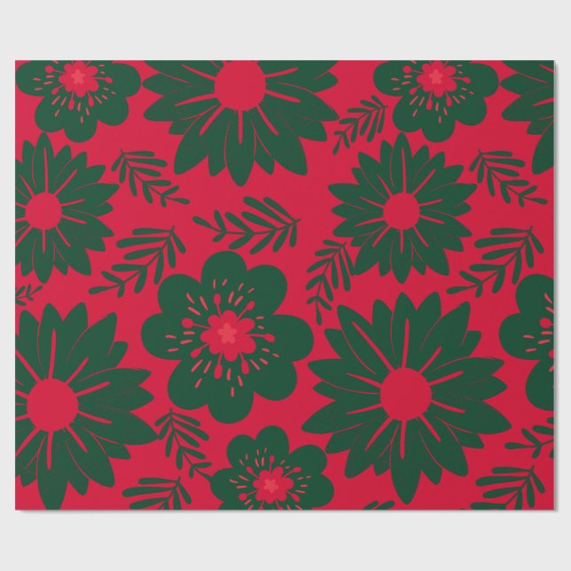 Papel De Presente Floral Aquarela Vermelho Verde  (Aberto)