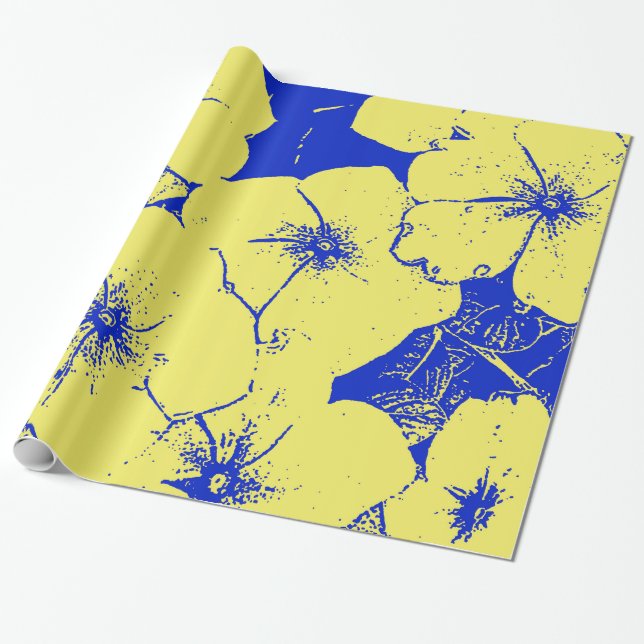 Papel De Presente Floral azul amarelo grande elástico (Desenrolado)