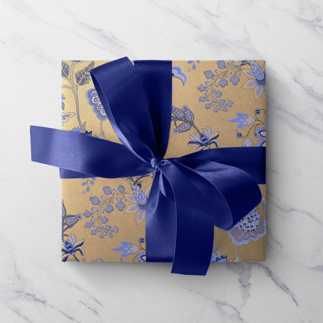 Papel De Presente Floral Azul Dourado Delicado Oriental Dourado Foxi (Floral Blue Gold Delicate Oriental Gold Foxier Wrapping Paper)