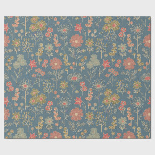 Papel De Presente Floral Azul e Coral Moderno Denim