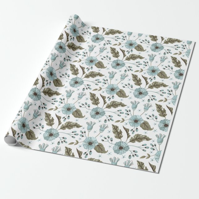 Papel De Presente Floral Azul e Verde (Desenrolado)