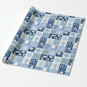 Papel De Presente Floral Azul Escandinavo Moderno Botânico Nórdico