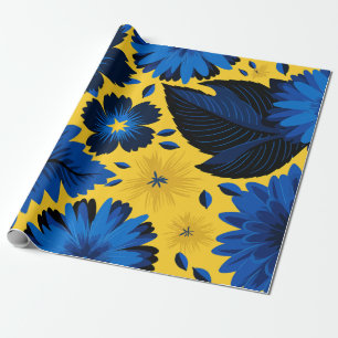 Papel De Presente Floral Azul Negrito em Fundo Amarelo Vibrante