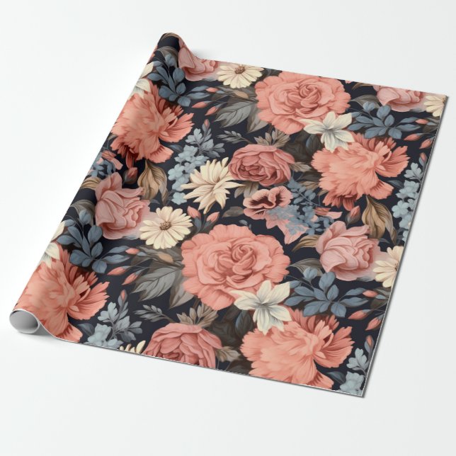 Papel De Presente Floral Azul Rosa Bonito (Desenrolado)
