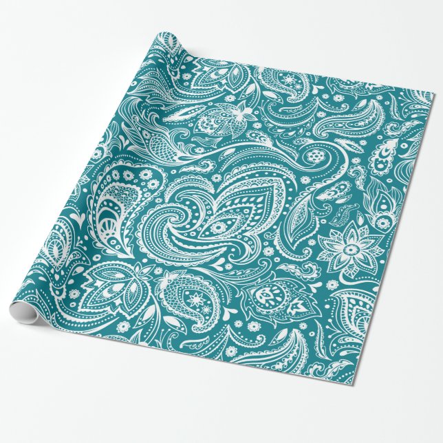 Papel De Presente Floral Azul-Turquesa e Branco Elegante (Desenrolado)
