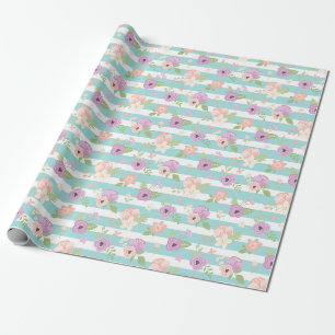 Papel De Presente Floral Bege Rosa Roxo Folhagem Listras Azuis