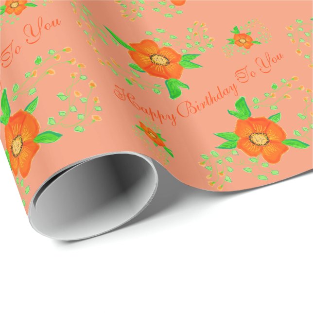 Papel De Presente Floral Birthday, Designer de Laranja, com embrulho (Ponta do rolo)