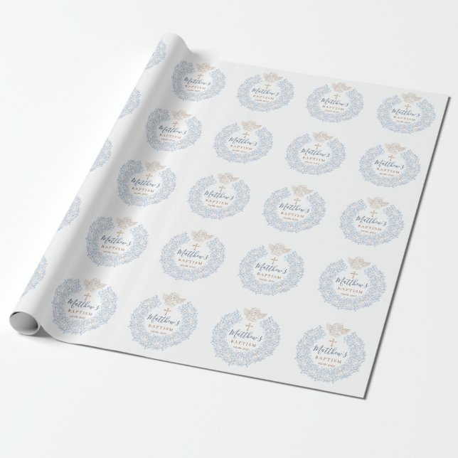 Papel De Presente Floral Blue Baby Angel Cross Baptism (Desenrolado)