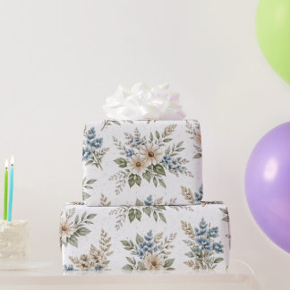 Papel De Presente Floral Blue Ivory Meadow Pattern