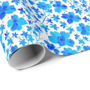 Papel De Presente Floral Botânico em Azul Profundo e Branco