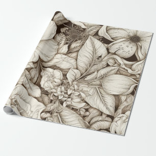 Papel De Presente Floral Botânico Sépia País Francês Creme