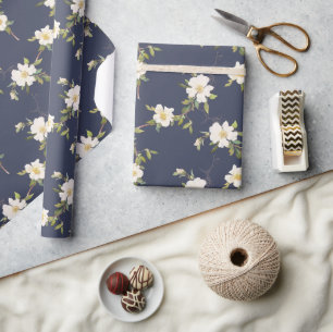 Papel De Presente Floral Branco Azul marinho