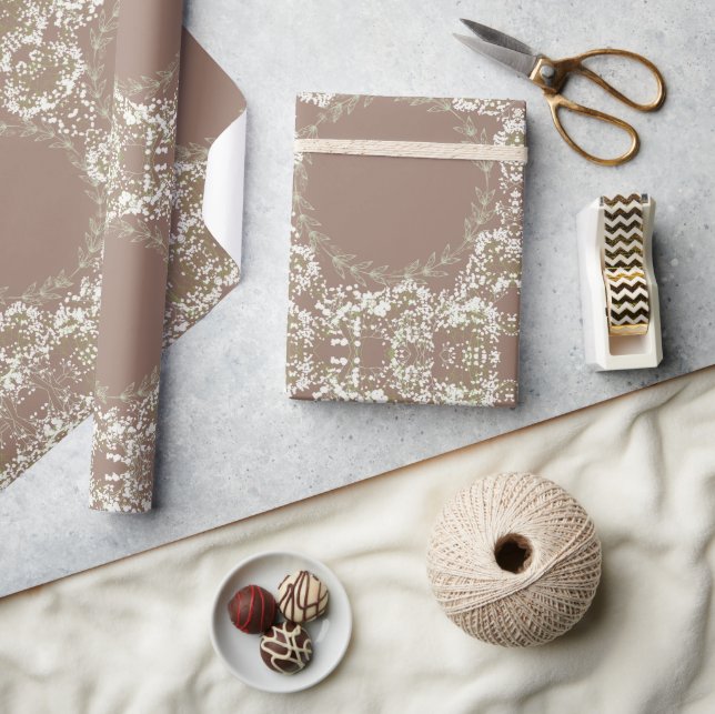 Papel De Presente Floral Branco-Castanho-Cinto (Artesanato)