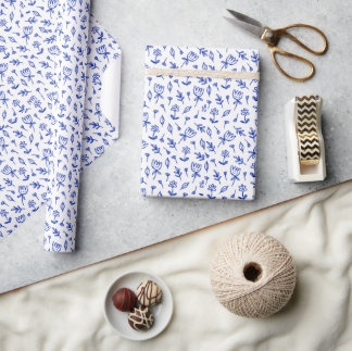 Papel De Presente Floral Branco e Azul