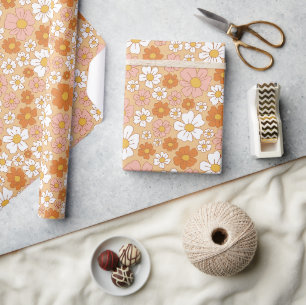 Papel De Presente Floral Branco e Laranja