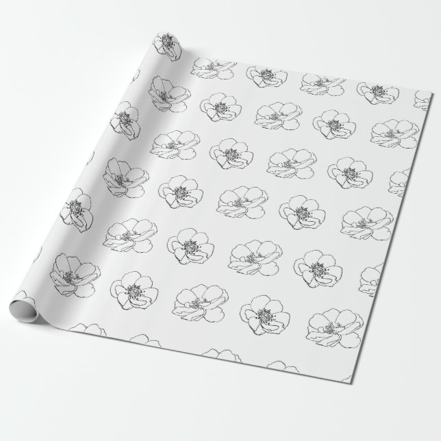 Papel De Presente Floral Branco e Preto (Desenrolado)