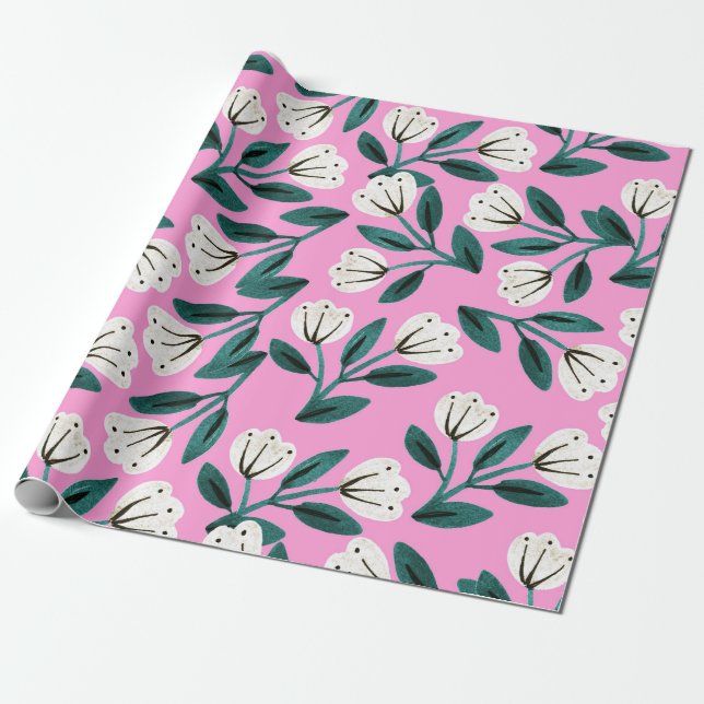 Papel De Presente Floral Branco e Rosa (Desenrolado)