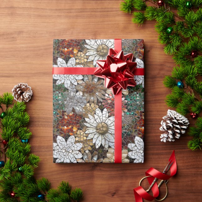 Papel De Presente Floral Branco Vermelho Dourado (Presente de Natal)