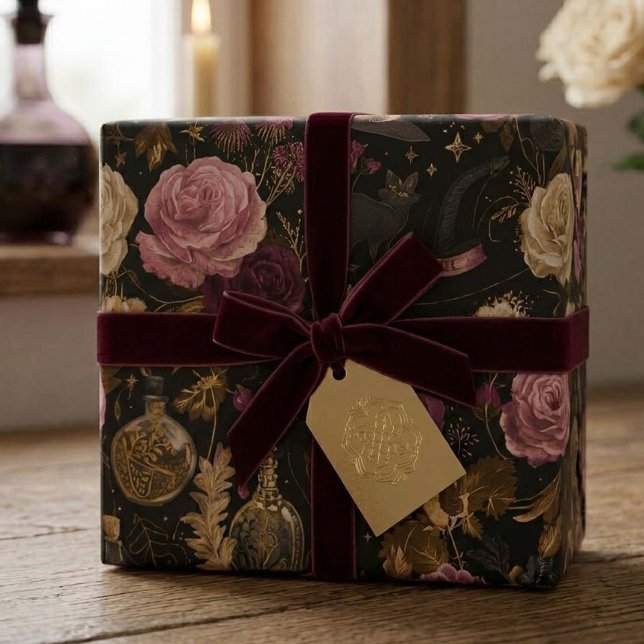 Papel de Presente Floral Bruxa Rosa Halloween  (Criador carregado)