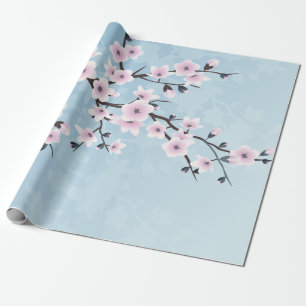 Papel De Presente Floral Cereja Blossomo Rosa Rosa Pálido Azul