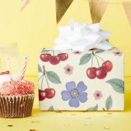 Papel de Presente Floral Cereja em Aquarela