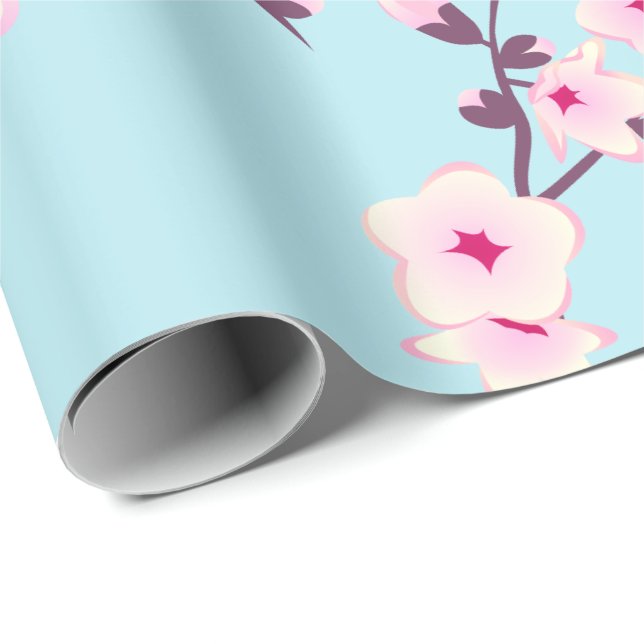 Papel De Presente Floral Cerejeira Brilhante Céu Rosa Azul (Ponta do rolo)