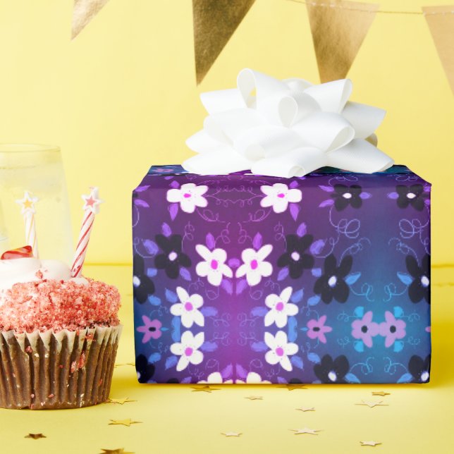 Papel De Presente Floral com azul roxo e preto (Festa de aniversário)