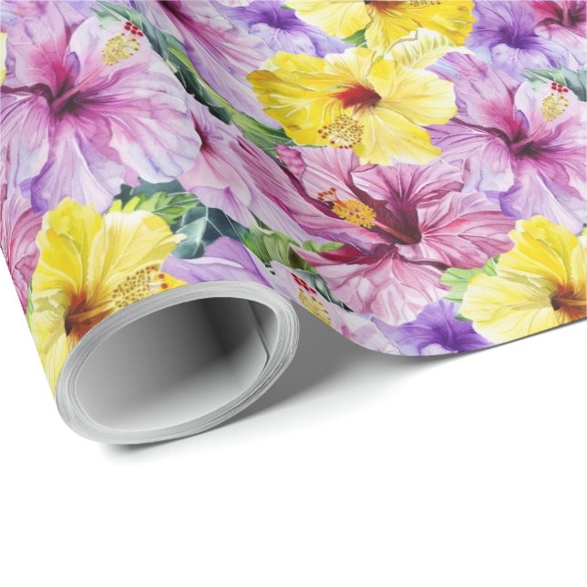 Papel de Presente Floral com Flores de Hibisco Ros (Ponta do rolo)