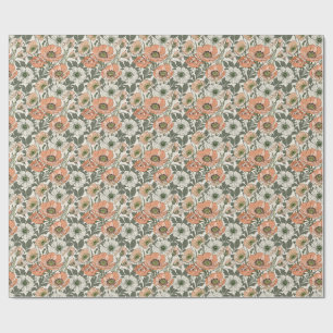 Papel De Presente Floral Creme Papoula Pêssego