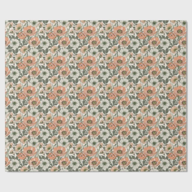 Papel De Presente Floral Creme Papoula Pêssego (Aberto)