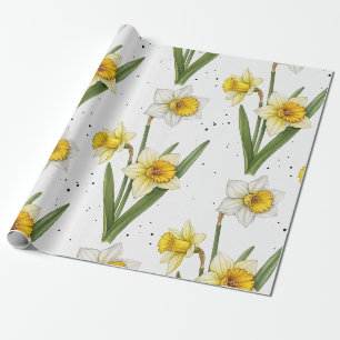 Papel De Presente Floral da Primavera Narciso em Amarelo Suave e Ver