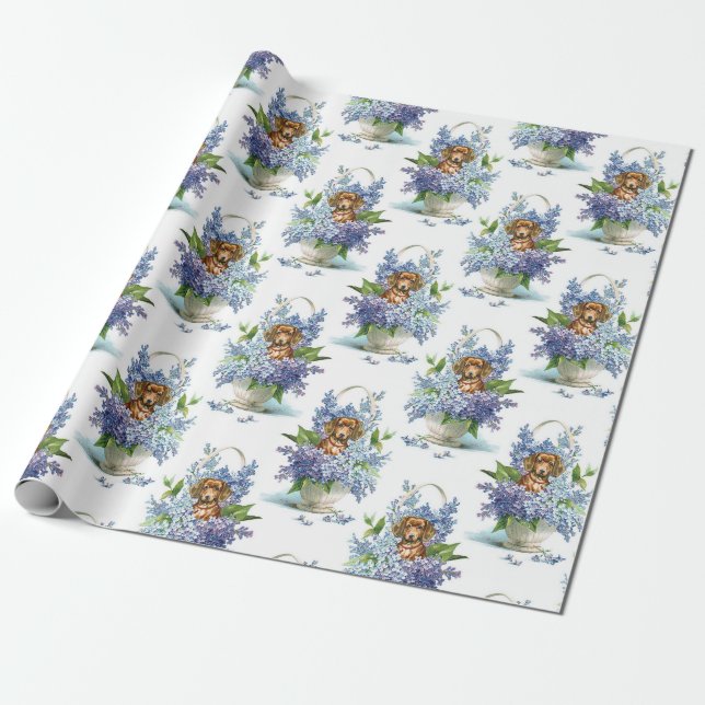 Papel De Presente Floral Dachshund em Lilacs (Desenrolado)