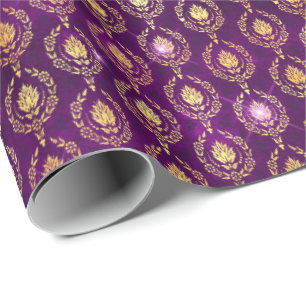Papel De Presente Floral Damask Halloween Spell Dourado Púrpura Padr