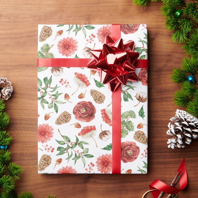Papel De Presente Floral das Férias de Natal (Christmas Holiday Floral Wrapping Paper
)