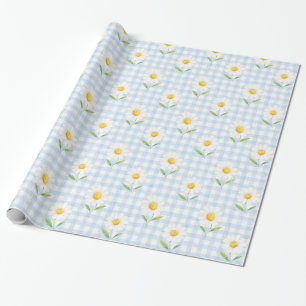 Papel de Presente Floral de Aquarela com Xadrez Az