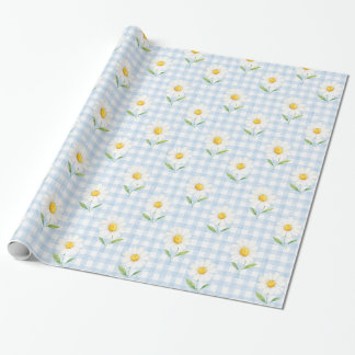 Papel de Presente Floral de Aquarela com Xadrez Az