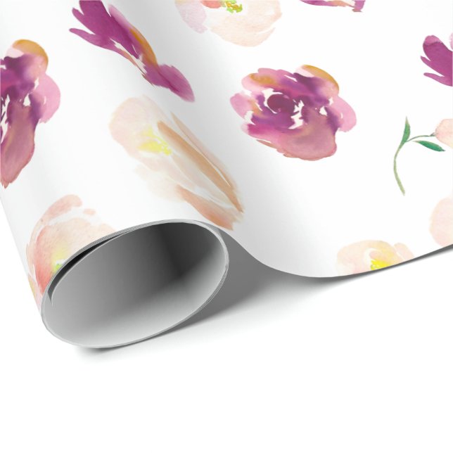 Papel De Presente Floral de Aquarela Rosa Turva (Ponta do rolo)
