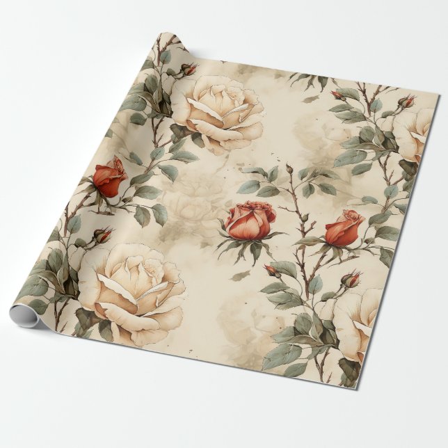 Papel De Presente Floral de bege de Rosa de pintura elegante (Desenrolado)