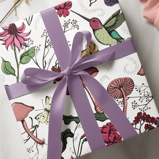 Papel De Presente Floral de beija-flor-Primavera (Vibrant enchanted garden with cute hummingbird, mushrooms, wildflowers and fairy vibe swirls. )