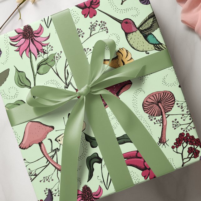 Papel De Presente Floral de beija-flor-Primavera (Vibrant enchanted garden with cute hummingbird, mushrooms, wildflowers and fairy vibe swirls. )