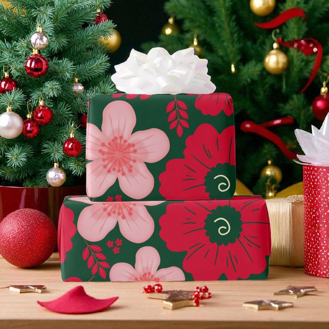 Papel De Presente Floral de Cor Vermelha Verde (Criador carregado)