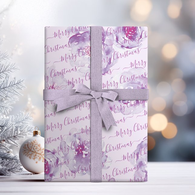 Papel De Presente Floral de Feliz Natal Puro Personalizado (Purple Personalized Merry Christmas Script Floral Wrapping Paper)