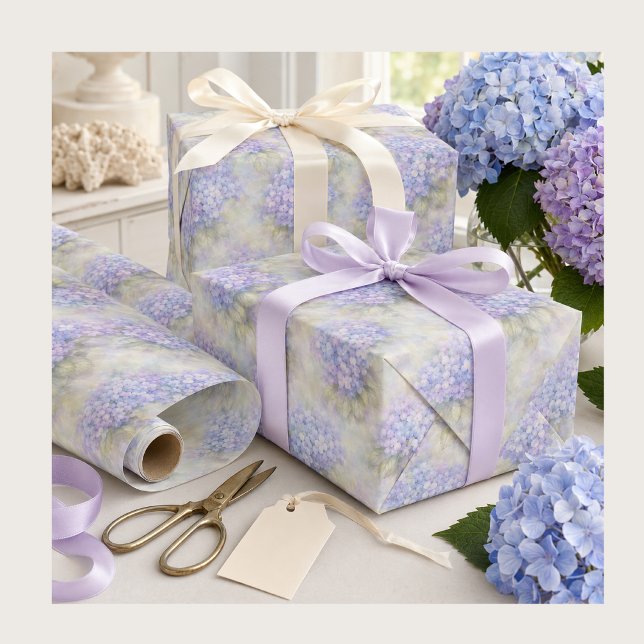 Papel de Presente Floral de Hortênsias | Azul e Li (Elegant Lilac Purple Hydrangea flowers gift wrapping paper for birthdays, baby showers, brides)